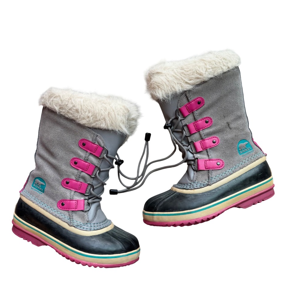 Sorel Joan of Arctic Grey Pink Waterproof Insulated Fur Snow Boots Women Size 4